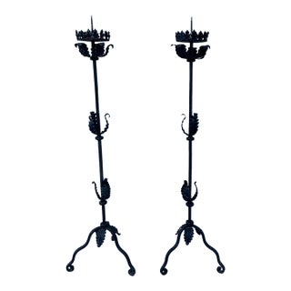 Mid 20th Century Spanish Forged Iron Floor Candlesticks, Torchieres 5 Ft Tall - Pair For Sale