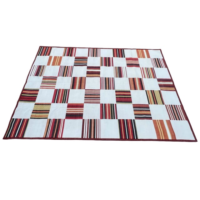 Cotton Vegetable Dyed Cream & Red Tile Patterned Reversible Rug - 9'x12' These special flat-weave dhurries are hand-woven...