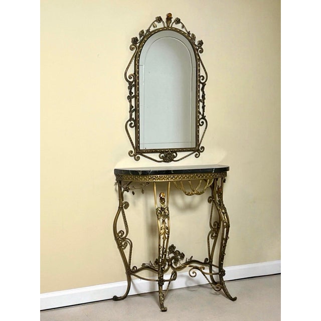 Art Deco 1920s Oscar Bach Gilded Iron Console and Beveled Mirror Set With Black Marble Top, Attributed For Sale - Image 3 of 18