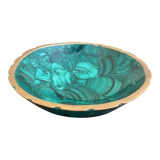 Vintage Malachite Brass Rimmed Bowl For Sale