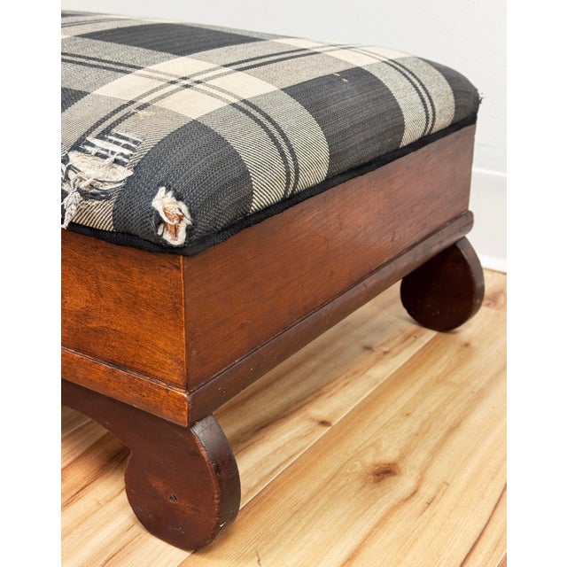 Early 20th Century Antique Early American Plaid Upholstery Strorage Footstool For Sale - Image 5 of 10