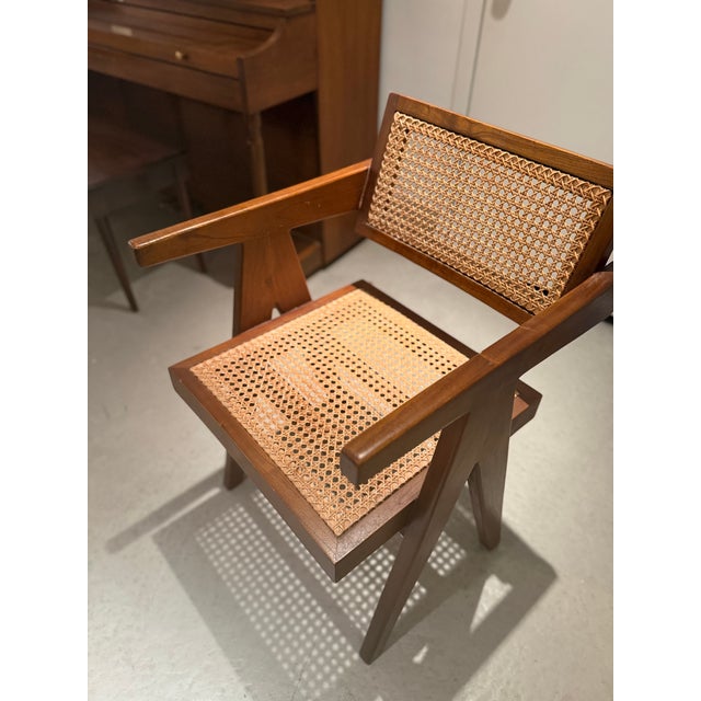 Vintage Teak & Cane Chandigarh-Style Armchair, Pierre Jeanneret Style For Sale - Image 4 of 14