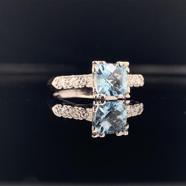 Diamond Aquamarine Ring 14k White Gold 1.70 TCW Women Certified For Sale - Image 4 of 11