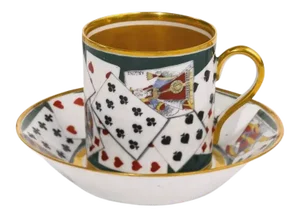 Early 19th Century French Empire Porcelain Coffee Cans Cups and Saucers Decorated with Hand Painted Playing Cards - A Pair