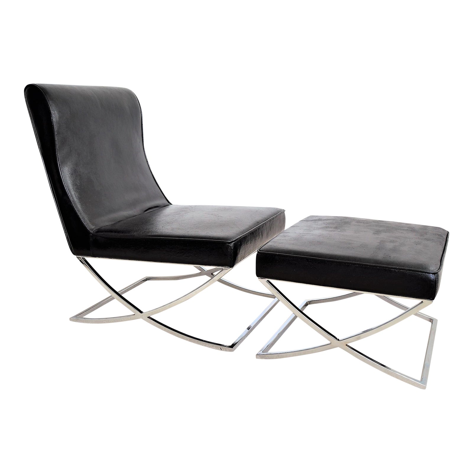 Vintage Black Vinyl and Chrome Barcelona Style Lounge Chair and Ottoman