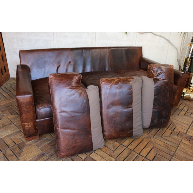Restoration Hardware Brown Leather Three-Seat Sofa With Patina For Sale - Image 14 of 18