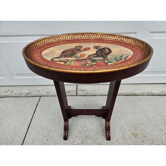 English Red and Gold Oval Monkey Themed Side Table For Sale - Image 3 of 14