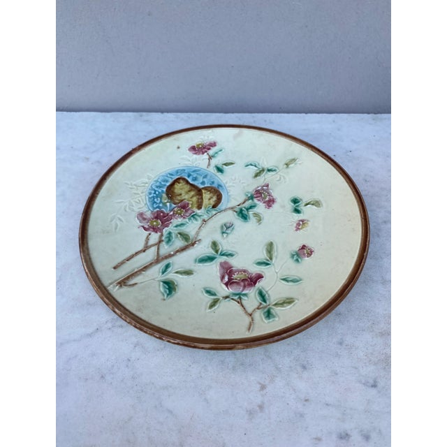 German Majolica Birds & Roses Plate Circa 1900.