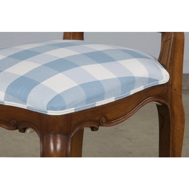 19th Century French Louis XV Style Walnut Dining Chairs in Light Blue Plaid - Set of 8 For Sale - Image 10 of 12