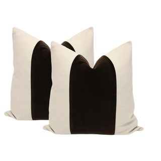 22" Chocolate Velvet Panel and Linen Pillows - a Pair For Sale