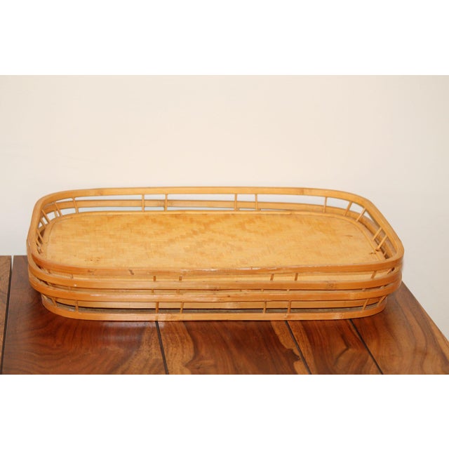 1970s Set of 3 Vintage Boho Woven Rattan and Bamboo Tiki Trays For Sale - Image 5 of 7