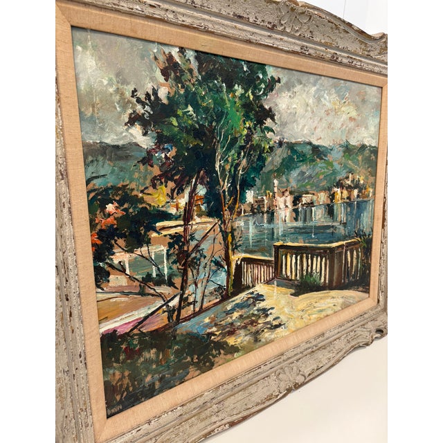 Vintage Textured Impressionist Oil Painting Cote d'Azur Coastal Town Landscape in Carved Wood Frame For Sale - Image 13 of 15