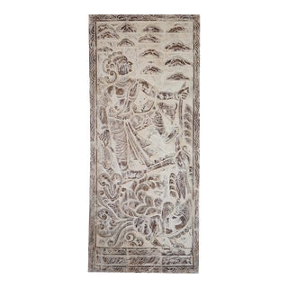 Vintage Whitewashed Krishna Wall Art Hand-Carved Wall Panel Barn Door For Sale