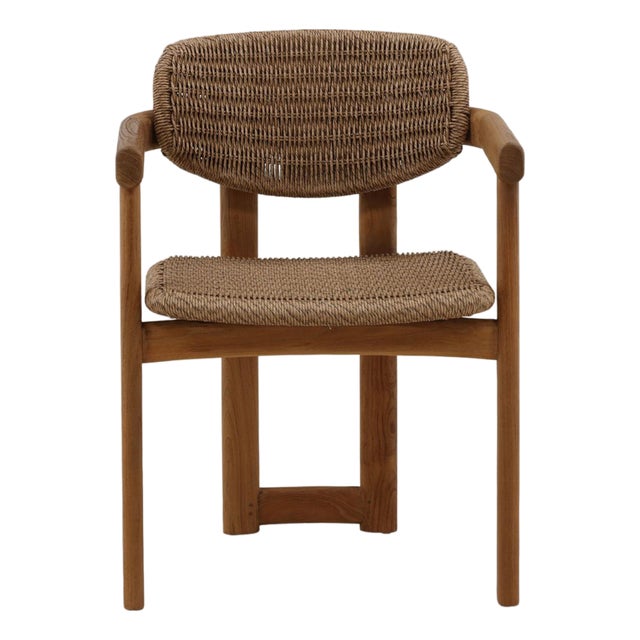Modern Brown Faux Wicker & Teak Outdoor Dining Chair For Sale