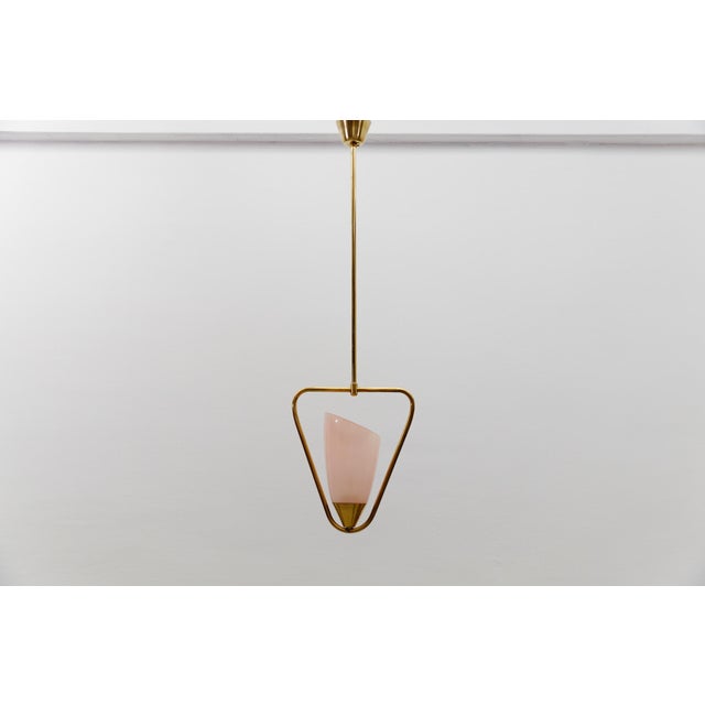 Mid century modern brass & pink glass pendant lamp, 1960s austria the rod could be shortened to a total length of 60 cm....