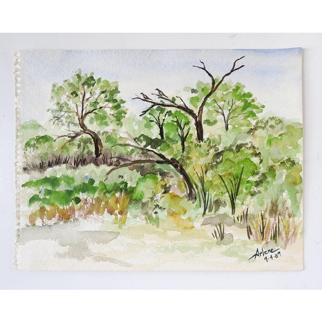 1989 plein air watercolor on paper landscape. Signed Arlene 1989 lower right corner. Unframed, age toning.