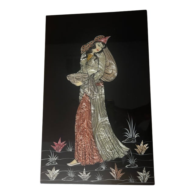 Vintage Asian Mother -of-Pearl Wall Panel 14'' X9'' Black Lacquer For Sale