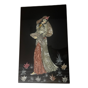 Vintage Asian Mother -of-Pearl Wall Panel 14'' X9'' Black Lacquer