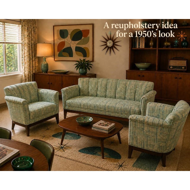 Light Gray 1950s Art Deco Scalloped Velvet Lounge Chairs and Sofa Set For Sale - Image 8 of 11