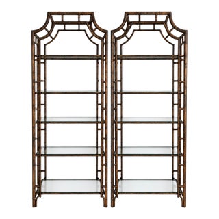 Vintage Hollywood Regency Tortoiseshell Faux Bamboo Double Pagoda Etagères - Pair For Sale