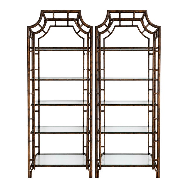 Vintage Hollywood Regency Tortoiseshell Faux Bamboo Double Pagoda Etagères - Pair For Sale