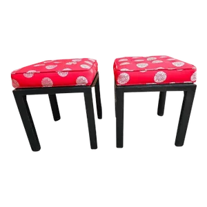 Pair Harvey Probber Mid Century Asian Modernist Walnut and Upholstered Stools