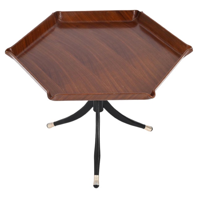 Hexagonal Side Table in Bent Teak and Metal attributed to Campo E Graffi, Italy, 1960s For Sale