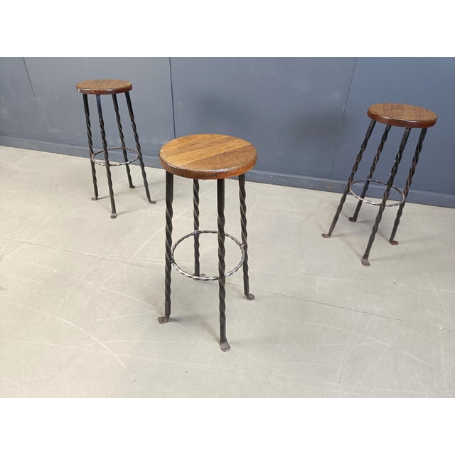 Wood Wrought Iron Bar Stools, 1960s, Set of 3 For Sale - Image 7 of 12