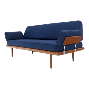 Peter Hvidt Solid Teak Sofa New Blue Wool Upholstery Original Springs