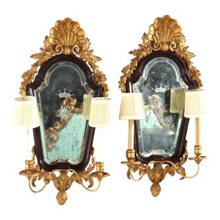 Pair 30" English Carved Mahogany & Gilt Wood Mirrored 2-Light Wall Sconces C1840 For Sale