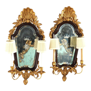 Pair 30" English Carved Mahogany & Gilt Wood Mirrored 2-Light Wall Sconces C1840