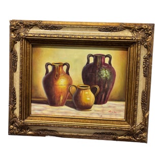 Framed Still Life Canvas Painting Signed by A. Warner, Featuring a Composition of Three Earthy Ceramic Jars and Vessels. For Sale