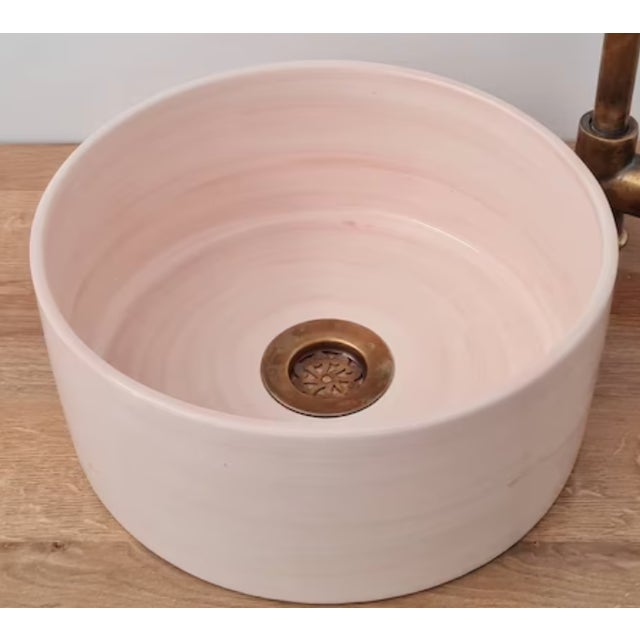 Contemporary Pink Bathroom Wash Basin with Brass Drain For Sale - Image 6 of 6