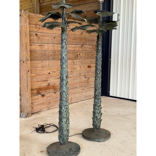 Mid 20th Century Vintage Monumental Sculptural Verdigris Palm Tree Floor Lamps, Attributed to Maison Jansen-Pair For Sale - Image 5 of 12