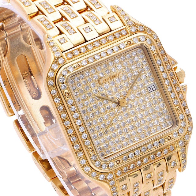 1980s Cartier Panthere Ref 8839 Jumbo 27mm Full Pave Diamond 18k Yellow Gold Watch For Sale - Image 10 of 11