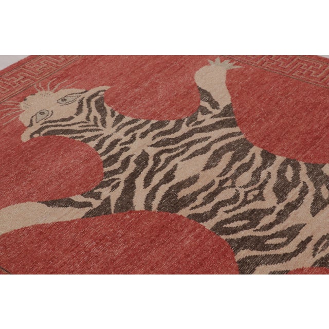 2010s Rug & Kilim’s Distressed Tiger Rug in Red With Beige and Brown Pictorial For Sale - Image 5 of 9