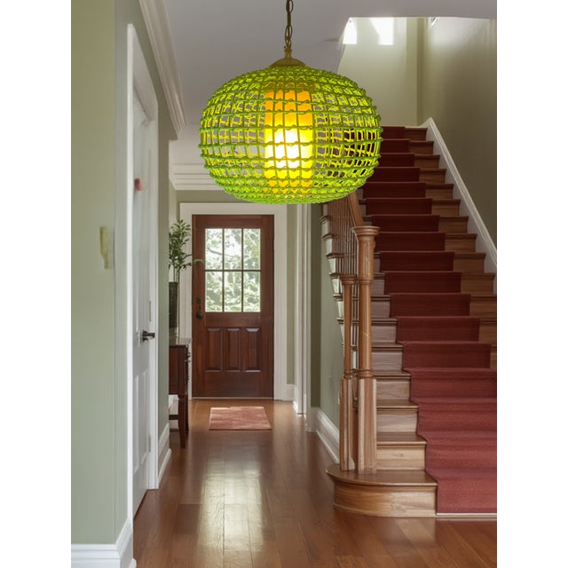 Vintage Rattan Green Globe Oange Glass Shade Pendant Light For Sale - Image 13 of 18