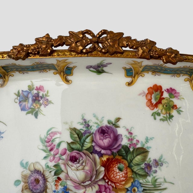 Mid 20th Century Vintage French Limoges Hand-Painted Porcelain & Gilt Metal Floral Tray For Sale - Image 5 of 10