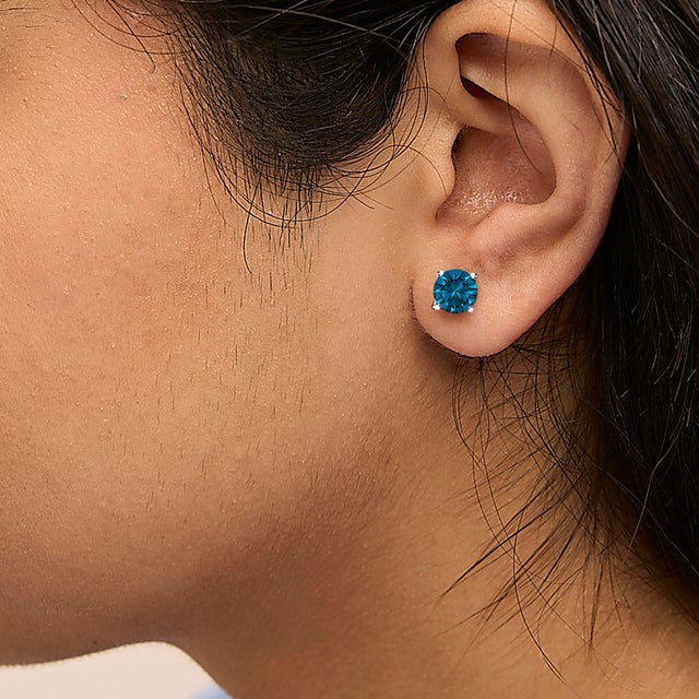 Haus of Brilliance 14K White Gold 2.00 Cttw Blue Lab Grown Diamond Stud Earrings with Screw Backs For Sale - Image 4 of 5