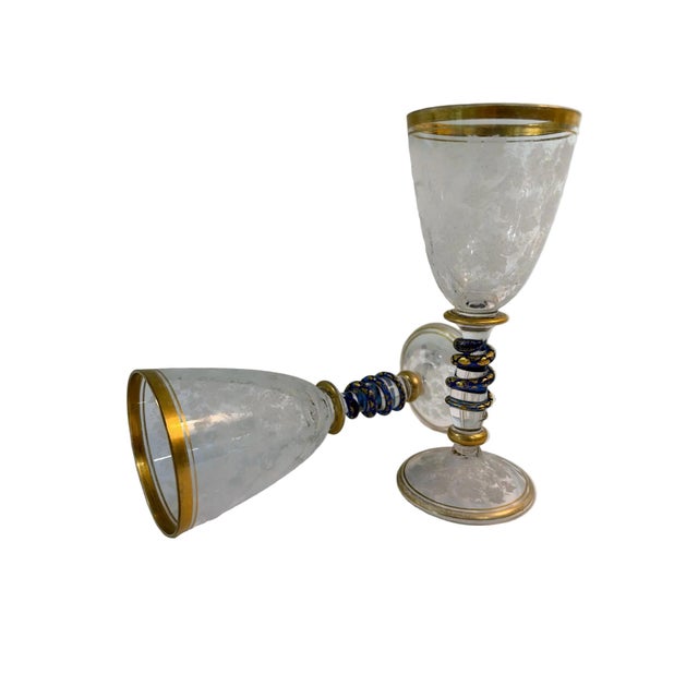 Blue Bohemian Art Glass Wine Glasses With Cobalt Serpent Attributed to Harrach Bohemian Glass For Sale - Image 8 of 9