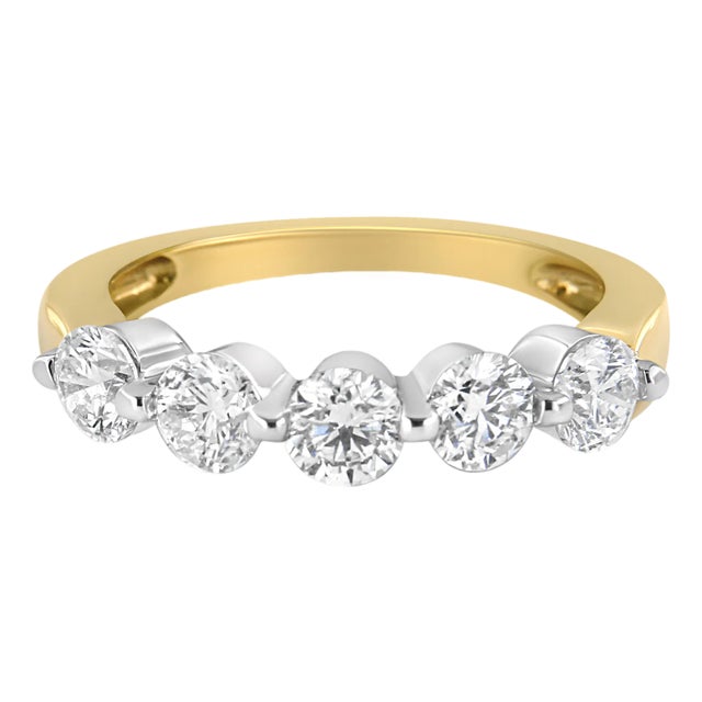 14K White and Yellow Gold 1 1/2 Cttw 2 Prong Cup Set Round-Cut Diamond 5 Stone Ring Band (H-I Color, SI2-I1 Clarity) - Ring Size 7 For Sale