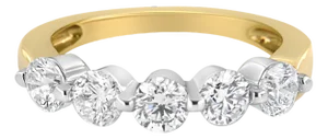 14K White and Yellow Gold 1 1/2 Cttw 2 Prong Cup Set Round-Cut Diamond 5 Stone Ring Band (H-I Color, SI2-I1 Clarity) - Ring Size 7