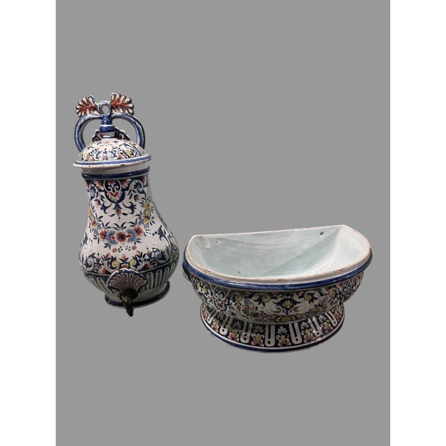 Antique French Faience Floral Polychrome Decorated Lavabo Wall Fountain For Sale - Image 11 of 11
