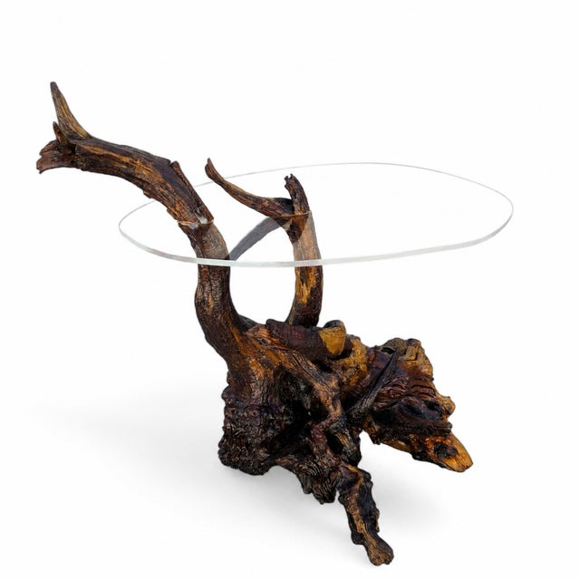 Vintage Organic Modern Driftwood Side Table With Acrylic Top, Mid-Century For Sale - Image 15 of 18