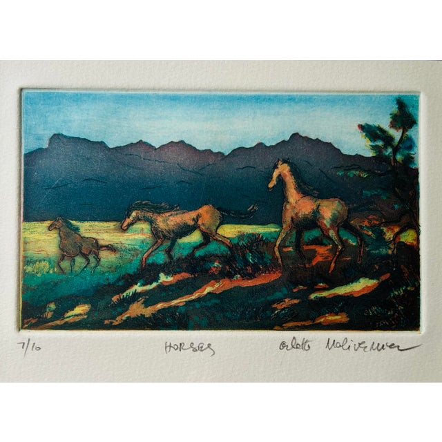 Impressionist Vintage Hand Colored Original Etching Entitled ‘Horses’ Unframed For Sale - Image 3 of 6