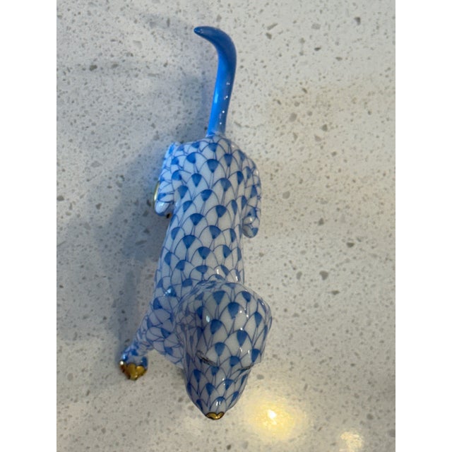 Classic Sapphire Blue Fishnet Pattern Herend Hand Painted Sitting Dog Domestic Animal Figurine W/ 22k Gold Accents For Sale - Image 9 of 11