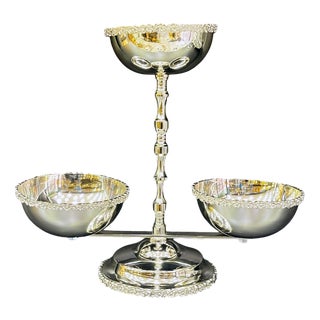 Handcrafted Brass 3-Tiered Serving Bowl with Daisy Detail For Sale