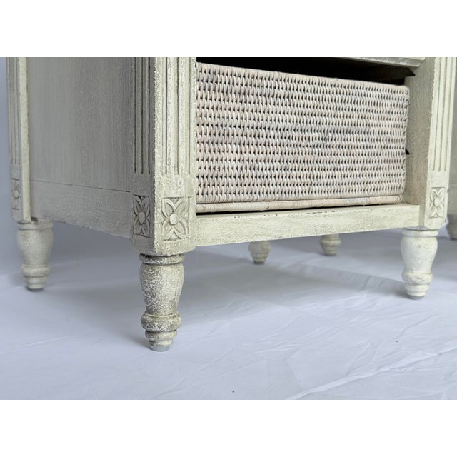 Late 20th Century Pair of Distressed French Style Nightstands With Woven Basket Shelves For Sale - Image 10 of 10