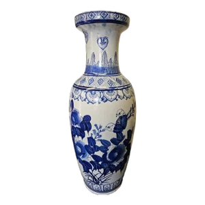Large Vintage Chinese Blue and White Vase With Floral and Bird Design.