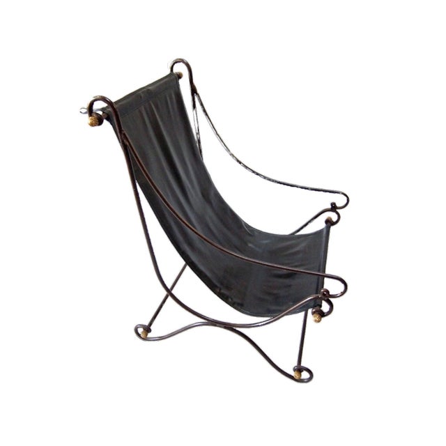 Pair of Mid Century Sling Lounge Chairs, circa 1970s. Iron frame with connecting rods finished with gilt ribbed bronze...